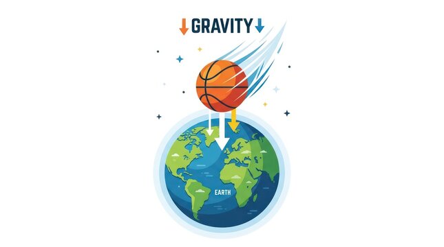 Basketball falling toward Earth. Physics concept showing gravity pulling a sports ball.