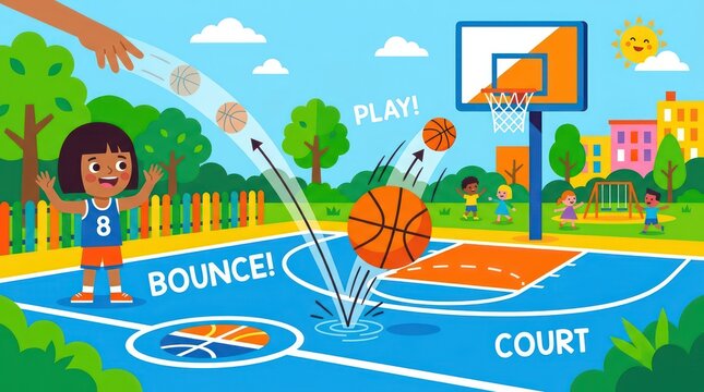 Children playing basketball on outdoor court. Young kids bouncing ball during summer sports game in park.