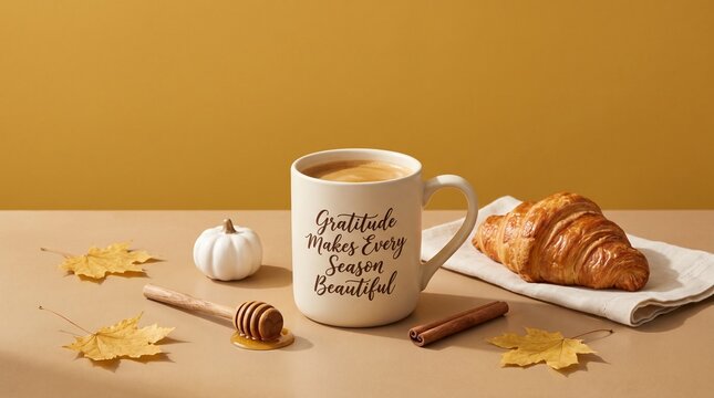 Coffee mug with gratitude quote and autumn treats on table