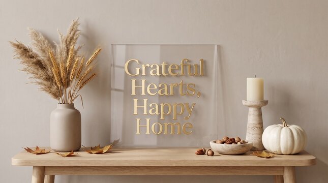 Grateful heart happy home sign on a table with fall decor