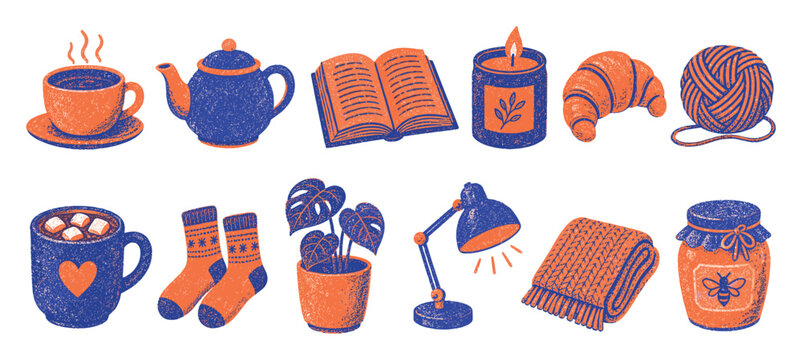 Cozy hygge lifestyle hand drawn icon set with teapot, tea cup, open book, candle, croissant, yarn, hot chocolate mug, socks, plant, lamp, blanket, and honey jar