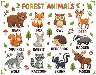 Naklejka premium Forest animals set with labeled cute characters like bear, fox, owl, deer, squirrel, rabbit, hedgehog, badger, wolf, raccoon, skunk, moose. Educational poster for kid learning nature.