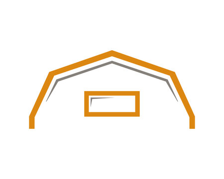 Minimalist orange and grey outline logo of a barn or quonset hut with a central rectangular window on a white background.