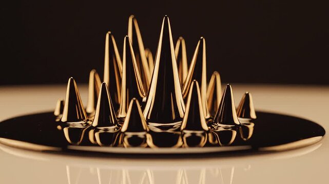 Ultra realistic ferrofluid forms sculptural peaks under invisible magnetic field, champagne studio lighting and subtle gold reflections revealing cinematic macro fluid physics with luxury innovation