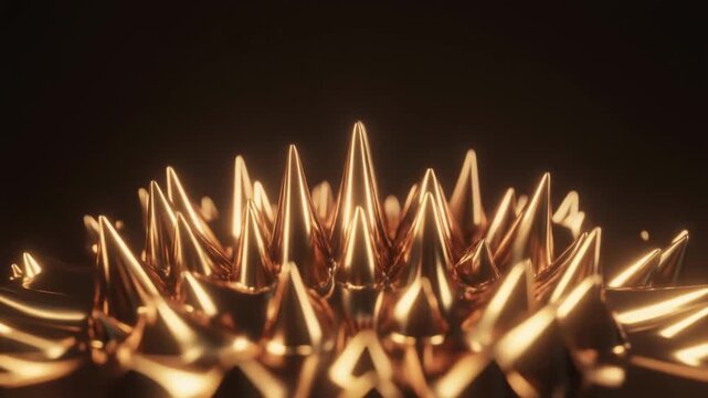 Ultra realistic ferrofluid forms sculptural peaks under invisible magnetic field, champagne studio lighting and subtle gold reflections revealing cinematic macro fluid physics with luxury innovation