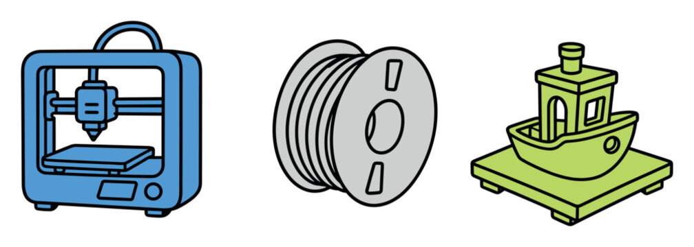 Three dimensional printer filament spool and printed boat icons set representing additive manufacturing technology and rapid prototyping