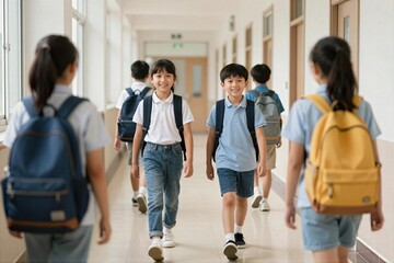 Obraz premium Group of children walking in a school hallway during the day after classes