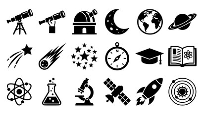 Astronomy Telescope Black Silhouette Icon Pack for School Science Education and Space Learning © Sifat