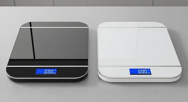 Two digital kitchen scales resting on a flat countertop showing zero weight on their glowing screens ready for preparation tasks in a culinary space during food recipe creation every day