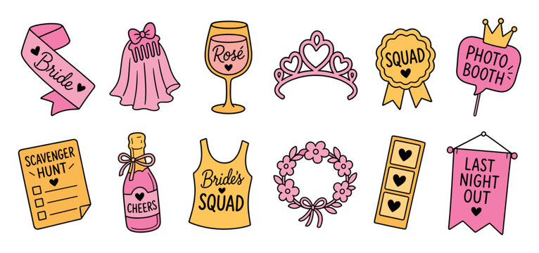 Bachelorette party vector doodle icon set with pink and yellow bridal shower elements like bride sash, veil, champagne bottle, squad badge, and photo booth props