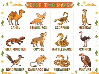 Obraz premium Educational poster depicting desert animal collection with label. Cartoon wildlife chart showing camel, fox, scorpion, meerkat, lizard, coyote, snake, ostrich, bird and rat for school.