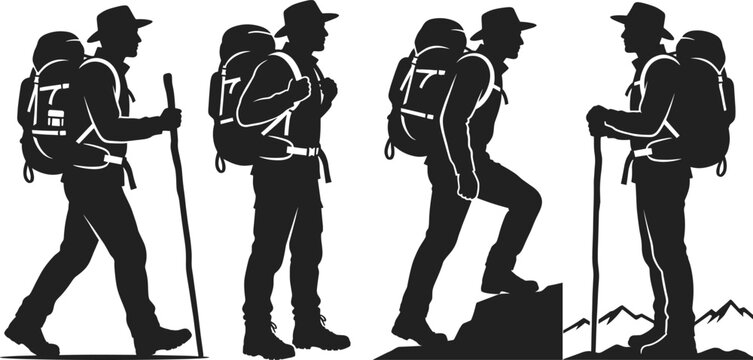 Hiking silhouettes featuring male backpackers trekking with sticks and climbing rocks for outdoor adventure and mountain tourism design projects