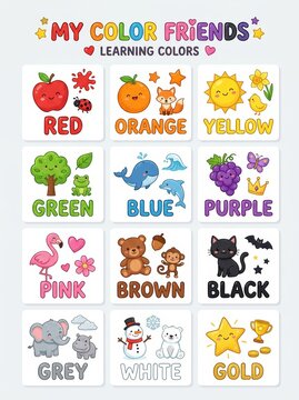 Educational color chart with cute cartoon characters for children. Learning colors with animals, fruits and objects. Infographic for preschool classroom, nursery and home school.