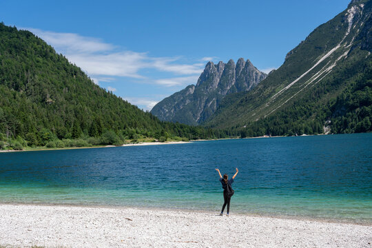 Italy, landscape of the Lake Predil in the julian Alps and the Cinque Punte peaks in the backgroung..
