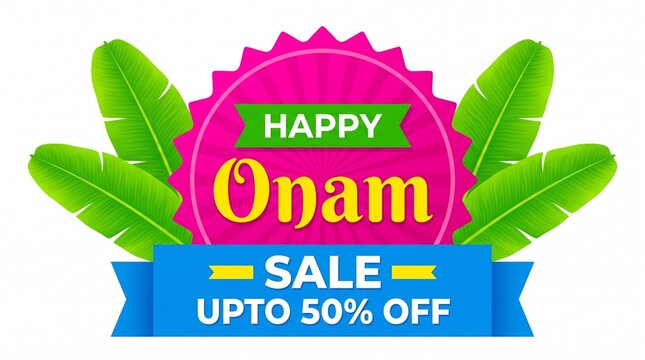 South India's festival Happy Onam Sale upto 50% off Banner, Logo design, Sticker, Concept, Greeting Card, Template, Icon, Poster, Unit, Label, Web, Mnemonic with banana leafs elements as a ... See Mor