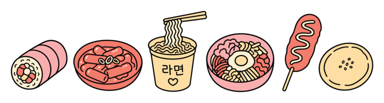 Korean street food vector illustration set featuring gimbap, tteokbokki, cup ramen, noodle bowl, corn dog, and hotteok in a cute doodle style