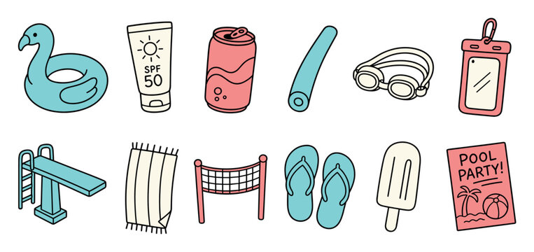 Summer pool party vector doodle icon set featuring swimming pool accessories like inflatable flamingo float, sunscreen, goggles, diving board, flip flops, and popsicle