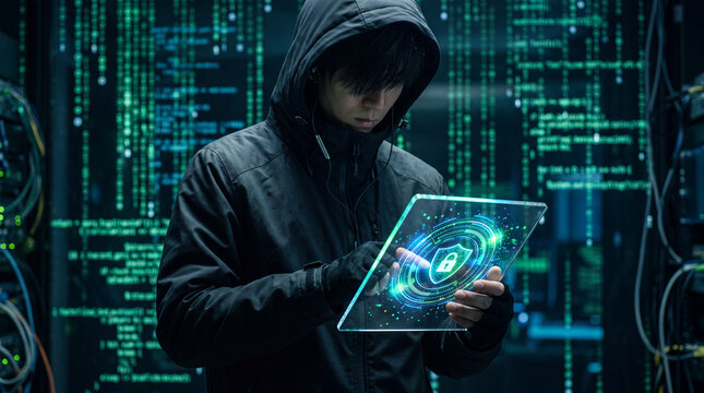 Modern cybersecurity visualization showing a luminous shield lock floating above green software code. Symbolizes encrypted data, firewall systems, privacy protection, secure network connections, and d