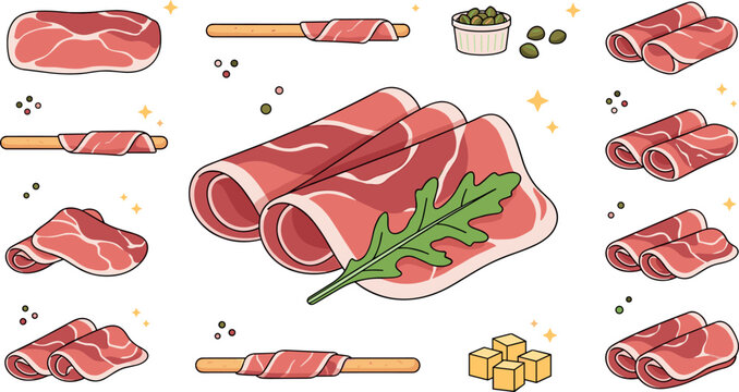 Gourmet prosciutto crudo ham collection featuring rolled slices grissini breadsticks wrapped ham arugula leaf olives and cheese cubes isolated vector illustration set.