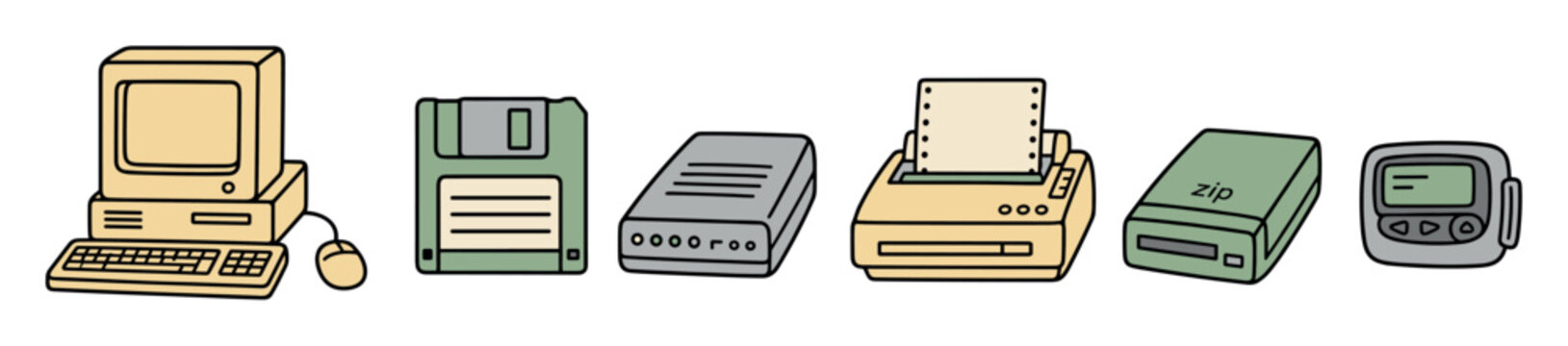 Retro computer and vintage office technology set featuring a floppy disk, dot matrix printer, external drive, zip drive, and pager in a hand-drawn doodle style