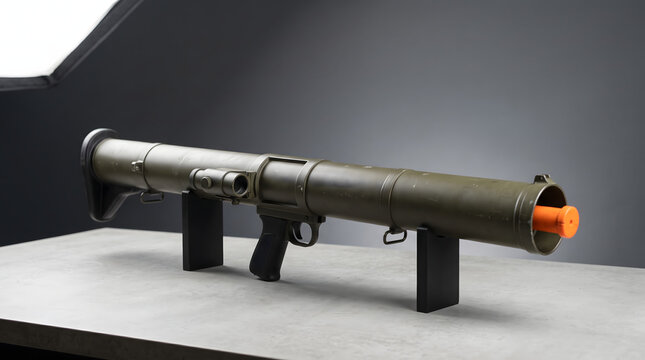 Green rocket launcher bazooka military weapon on display stand in studio