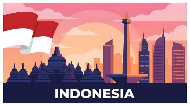 Flat illustration of Jakarta skyline with Indonesian flag.