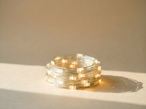 Neatly coiled warm-white decorative string lights with distinct bulbs