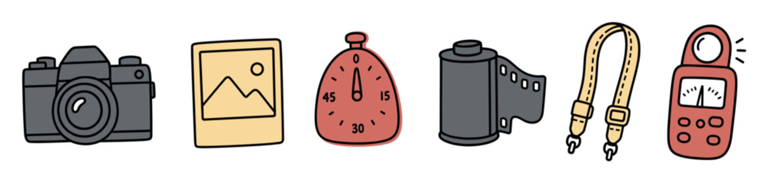 Hand drawn photography equipment and camera icons including film roll, instant photo frame, timer, strap, and light meter in a cute doodle style