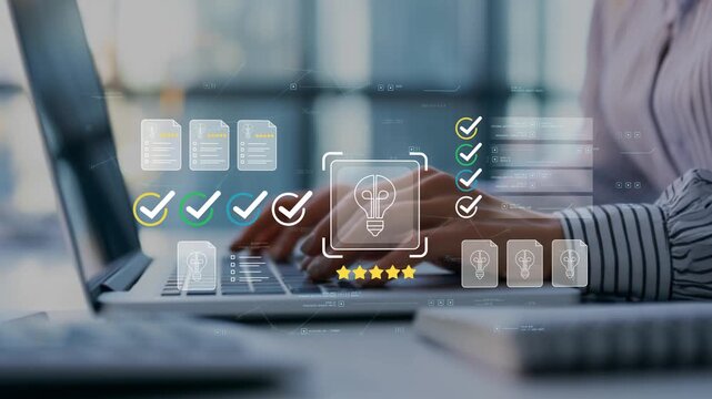 Businesswoman in modern office reviewing creative business ideas with animated light bulb icon, innovation workflow, strategic planning documents and enterprise technology platform