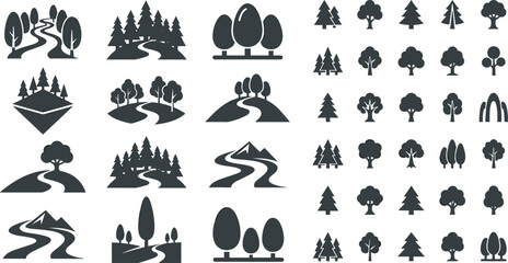 Obraz premium Solid Black Nature Landscape and Tree Icon Set featuring Mountains, Rivers, and Forests for Outdoor Logo Branding, Web UI, and Map Graphics