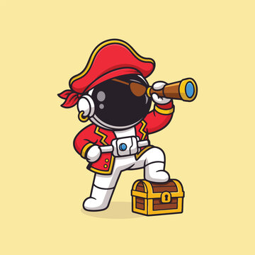 pirate, astronaut, space, cartoon, character, cute, mascot, space pirate, tricorn, hat, red, 