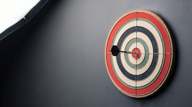 Dart hitting bullseye on colorful dartboard against dark grey wall with copy space