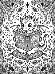 Cute baby dragon reading a magical storybook illustration.