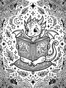 Cute baby dragon reading a magical storybook illustration.