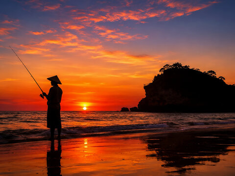 Indonesian Fisherman in Traditional Caping Hat Silhouette at Sunset Waterline with Offshore Rock Island, Indrayanti Beach, Gunungkidul, Java, Indonesia