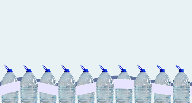 Plastic water bottles, isolated on light background, graphic ribbons added. Transparent 5l bottles, full, blue cap. Drinking water supply, fluid retention concept. Studio shot, image manipulation