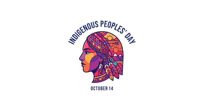 Indigenous peoples day illustration featuring a profile portrait with feather headdress and geometric details native