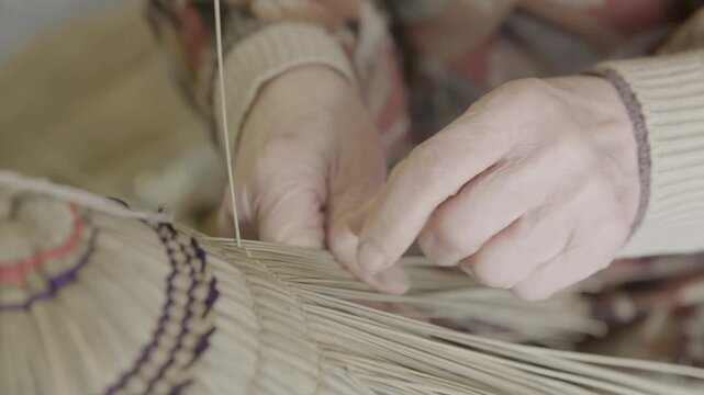 Hands Weaving Traditional Bon Odori Hat in Ugo Town Akita Prefecture J