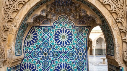 Obraz premium Intricate Moroccan Zellij Tilework Archway in Historic Building.