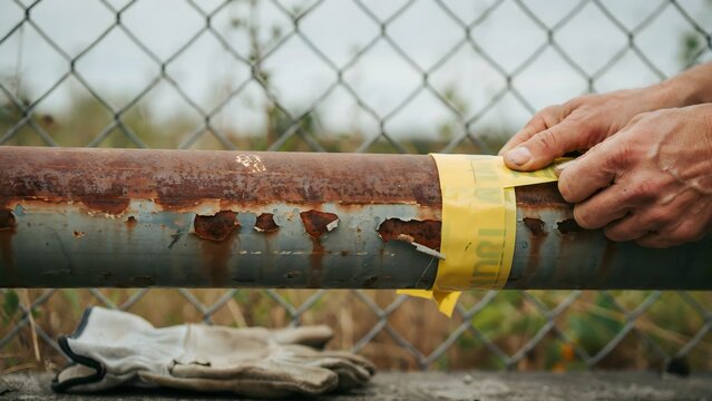 Close-up of a person's hand sealing rusty metal pipe with yellow tape near chain-link fence