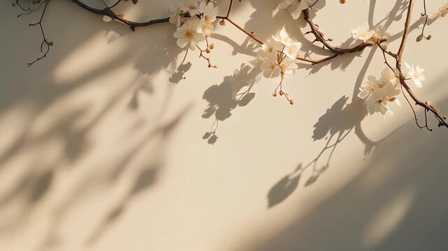 Flowering vine branch shadows sway across smooth off white wall in soft afternoon sunlight, creating elegant botanical shadow overlay with natural movement and cinematic realism.
