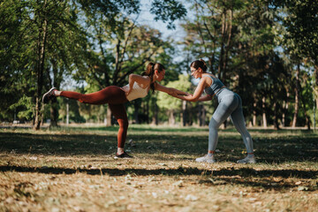 Obraz premium Two women perform a partnered balance exercise outdoors. The pair practice a stability workout in a leafy park setting.
