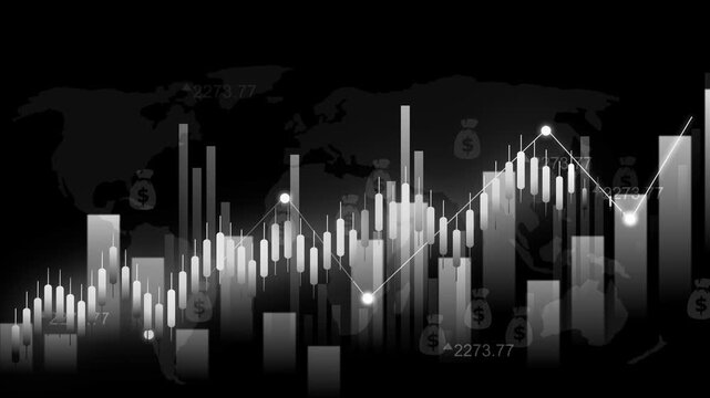 Financial chart with candlesticks and bar graph over a world map background animation
