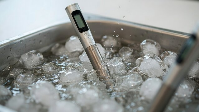 Digital thermometer immersed in ice water measuring temperature for cold environment