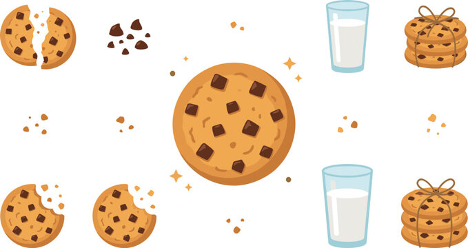 Delicious chocolate chip cookie collection featuring whole biscuits broken pieces crumbs stack tied with string and milk glasses isolated vector illustration.