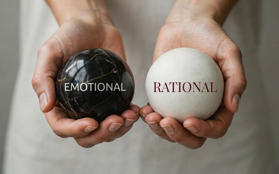 Hands holding contrasting black and white marble spheres labeled with emotional and rational text concepts