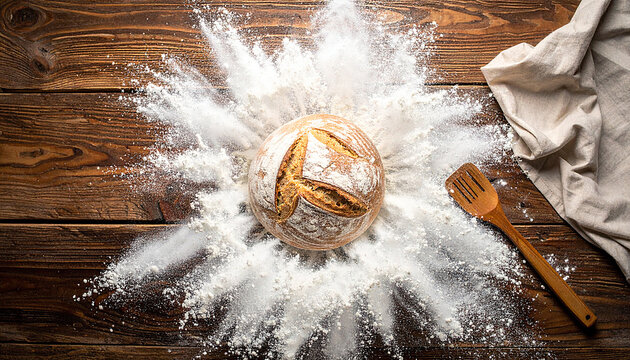 Overhead shot of flour explosion in mid air above wooden table with artisan bread dou