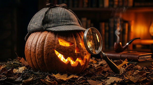 Halloween Pumpkin Detective with Deerstalker Hat and Magnifying Glass