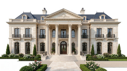 Fototapeta premium Neoclassical luxury mansion facade, grand limestone estate with corinthian columns, elegant french chateau architecture isolated on white background