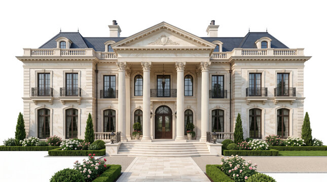 Neoclassical luxury mansion facade, grand limestone estate with corinthian columns, elegant french chateau architecture isolated on white background